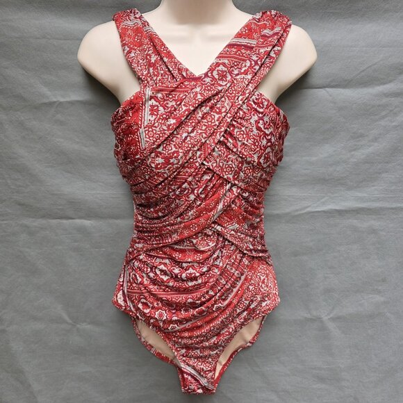 Garnet Hill Red Criss Cross Ruched Front Red Blue Swim Suit Size 6 One Piece - Picture 1 of 6